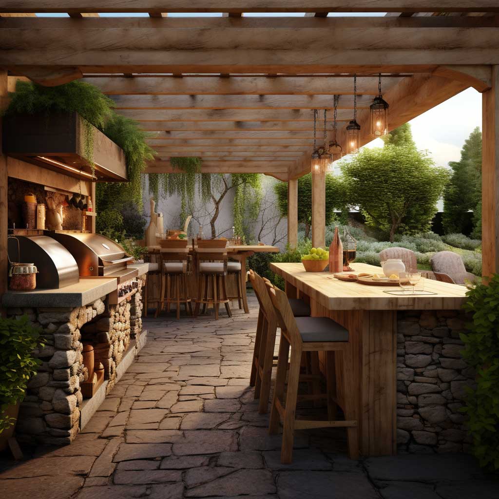 An image depicting a rustic and charming outdoor kitchen nestled under a beautiful wooden pergola.