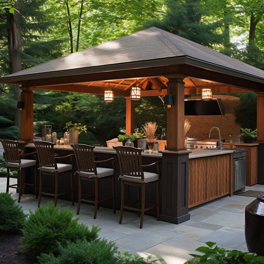 An image featuring a sophisticated outdoor kitchen enclosed within an elegant gazebo structure.
