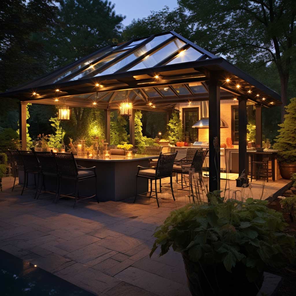 An image featuring a sophisticated outdoor kitchen enclosed within an elegant gazebo structure.