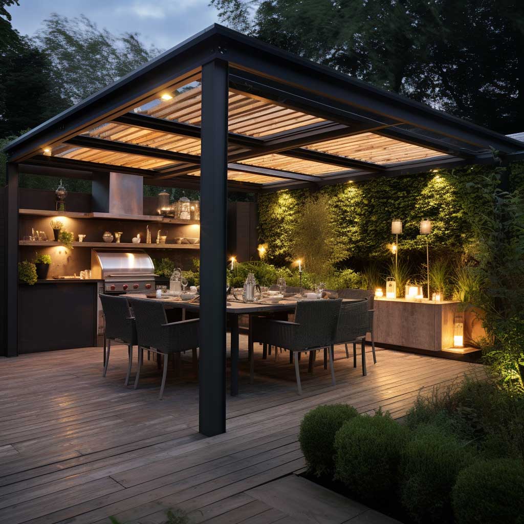 An image featuring a sophisticated outdoor kitchen enclosed within an elegant gazebo structure.