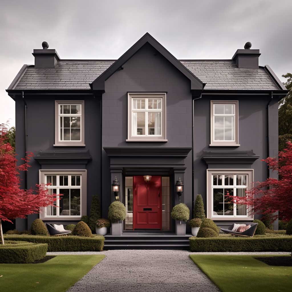 A beautiful classic home dramatically transforms with a bold exterior colour combination of red and warm grey, offering an impressive visual statement.
