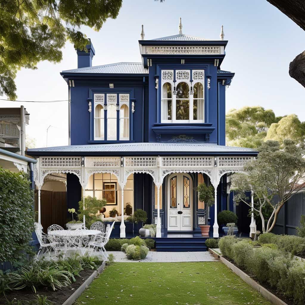 A grand Victorian-style home painted in a sophisticated palette of deep blue and crisp white, perfectly complementing its architectural style and period features.