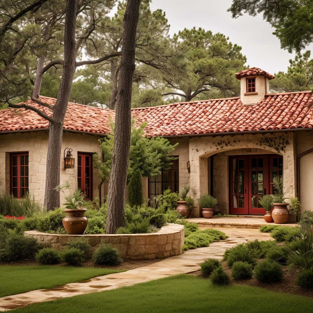 A single-story country-style house showcasing a rustic red roof perfectly matched with warm beige exterior walls, set against a backdrop of lush greenery.