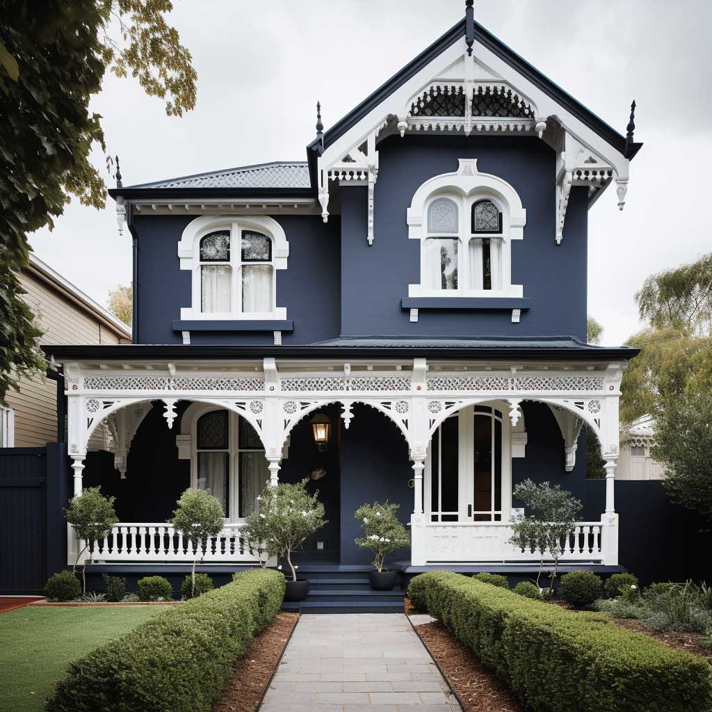 A grand Victorian-style home painted in a sophisticated palette of deep blue and crisp white, perfectly complementing its architectural style and period features.