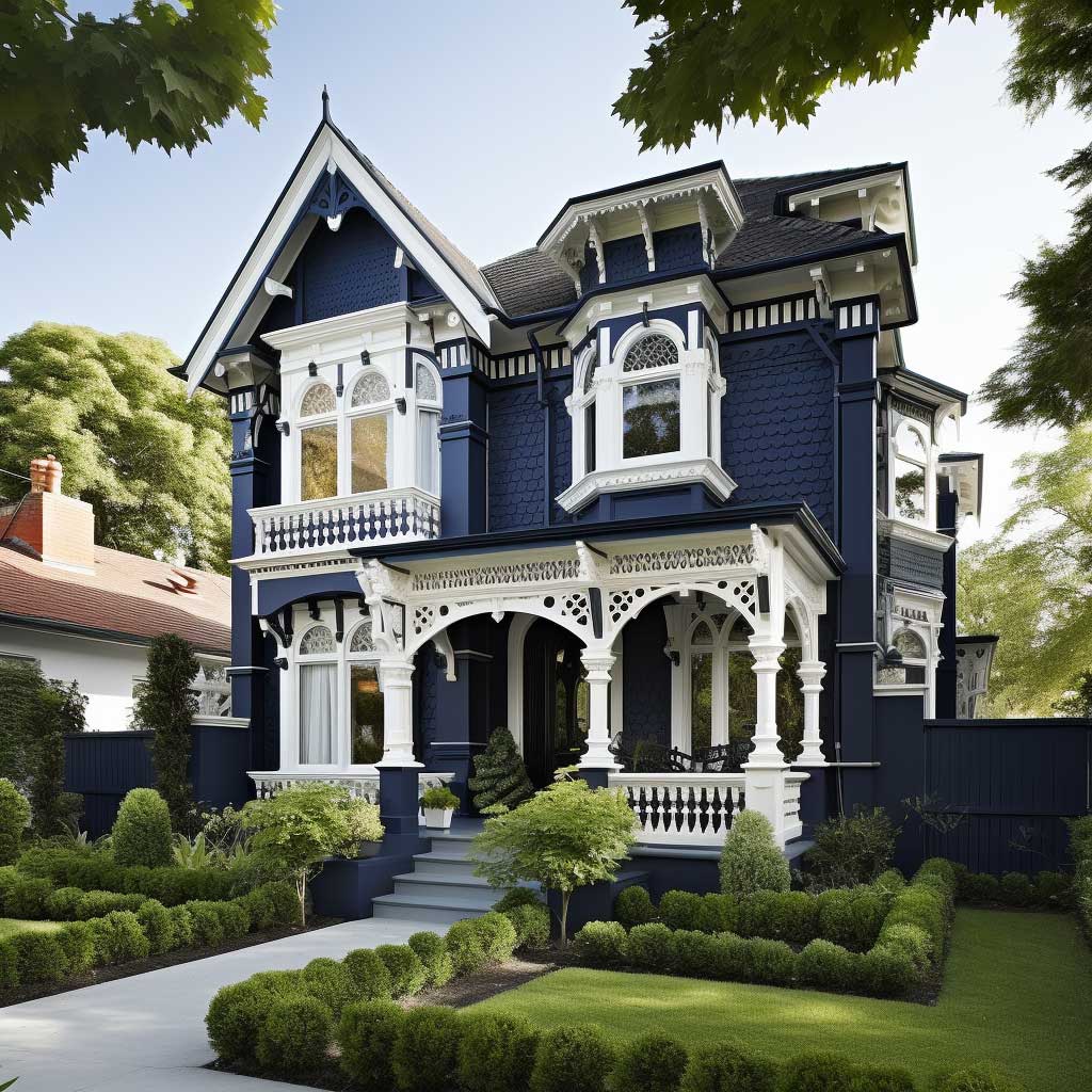 A grand Victorian-style home painted in a sophisticated palette of deep blue and crisp white, perfectly complementing its architectural style and period features.