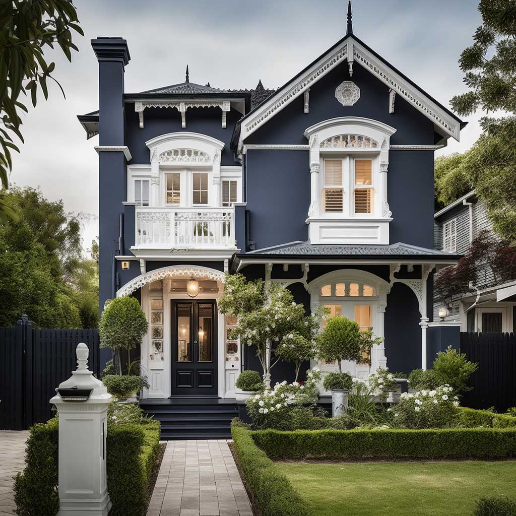 A grand Victorian-style home painted in a sophisticated palette of deep blue and crisp white, perfectly complementing its architectural style and period features.