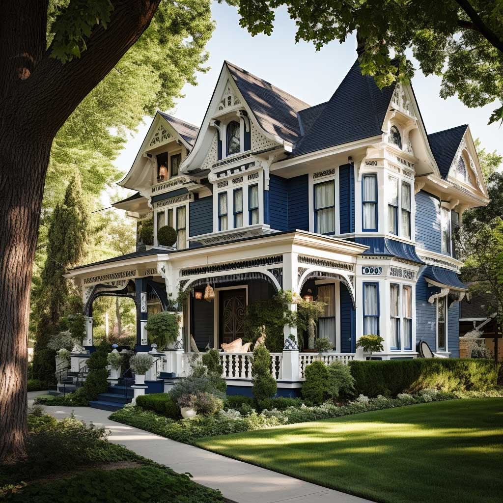 A grand Victorian-style home painted in a sophisticated palette of deep blue and crisp white, perfectly complementing its architectural style and period features.
