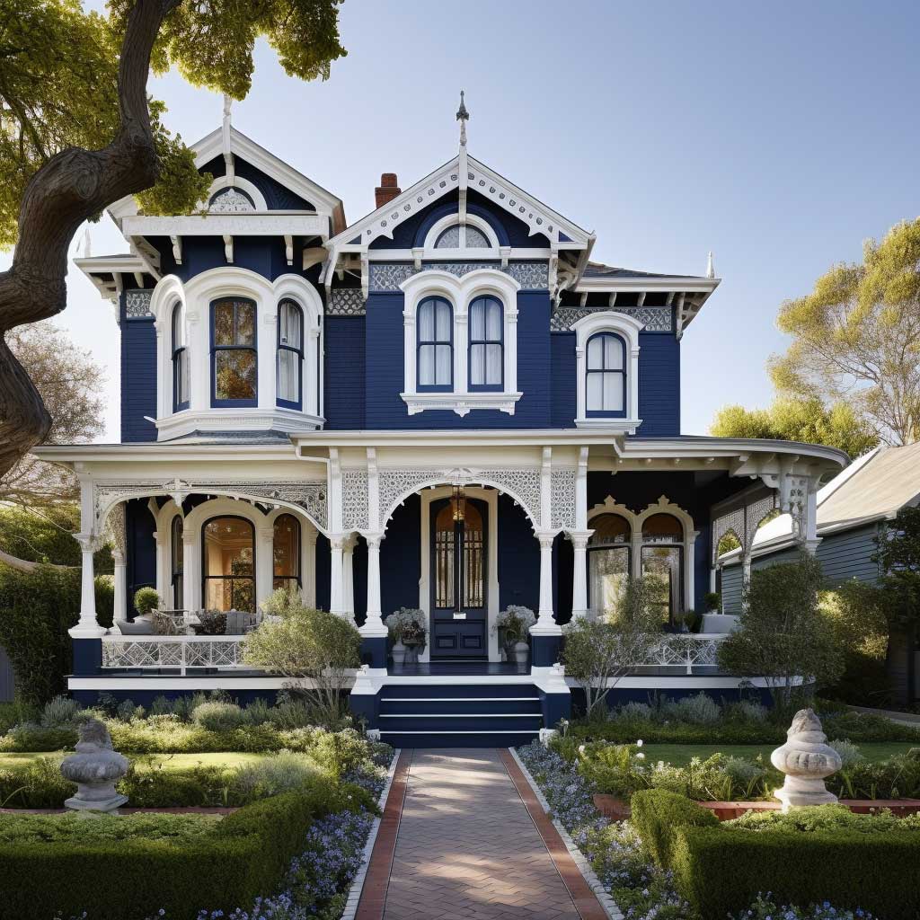 A grand Victorian-style home painted in a sophisticated palette of deep blue and crisp white, perfectly complementing its architectural style and period features.