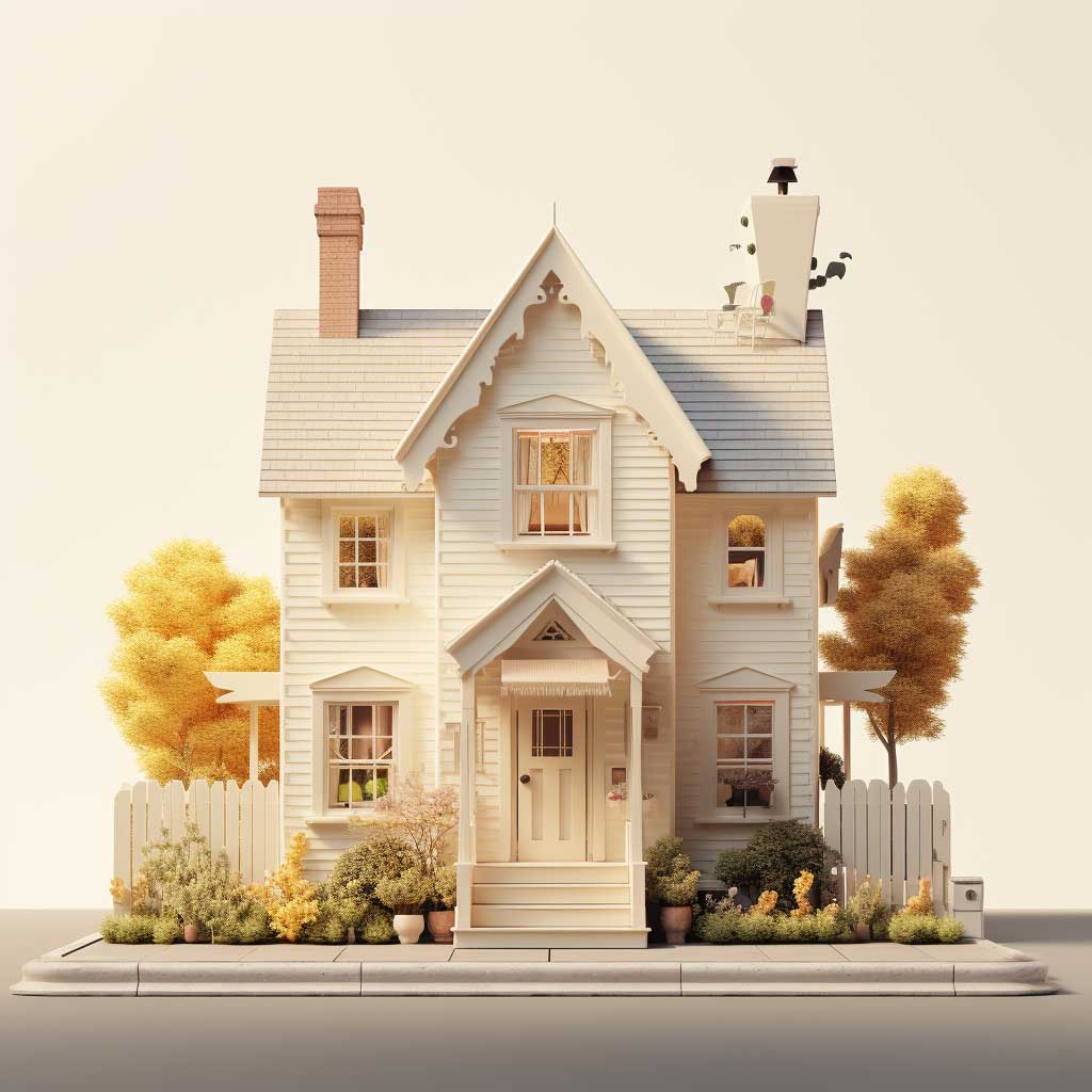 Image portrays a small house painted in a soft beige colour with white and wood accents.