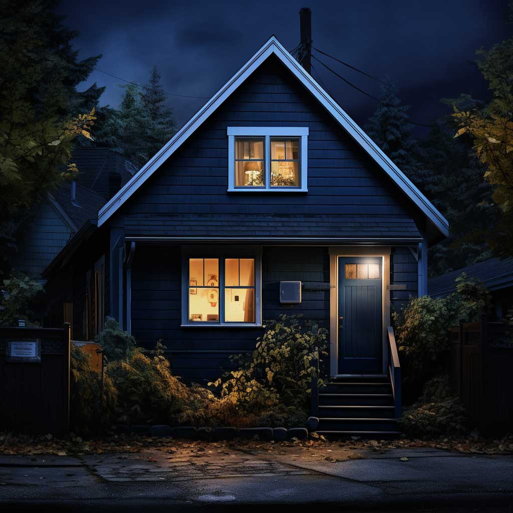 Image shows a small house painted in a rich, dark blue colour with metallic accents.