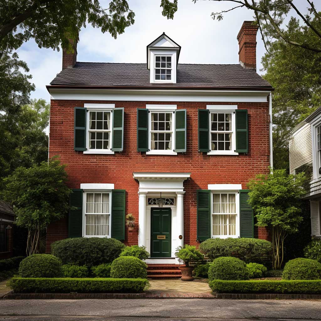 A classic exterior featuring a combination of red brick and cream wall paint with white trims and green shutters.