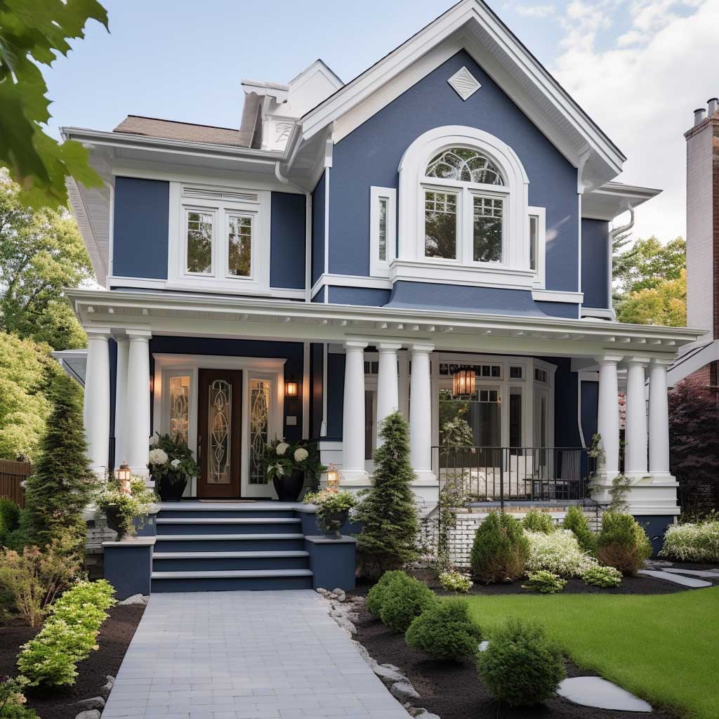 A classic exterior featuring an elegant combination of blue wall paint with white trims and details.