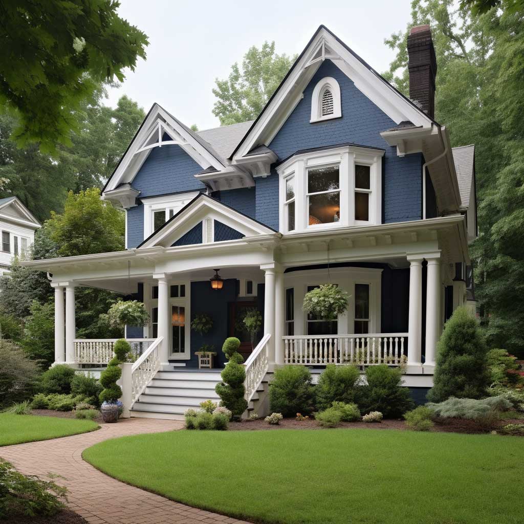A classic exterior featuring an elegant combination of blue wall paint with white trims and details.