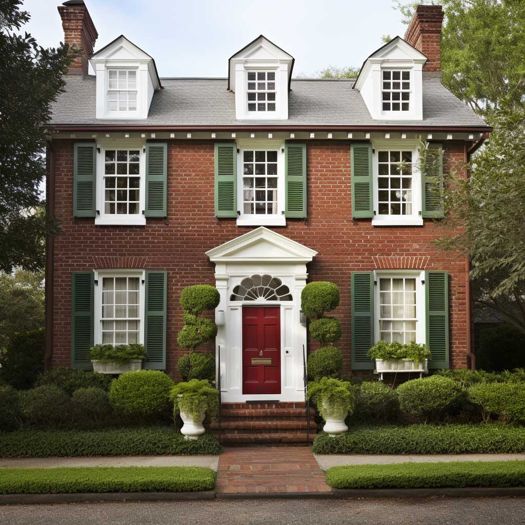 A classic exterior featuring a combination of red brick and cream wall paint with white trims and green shutters.