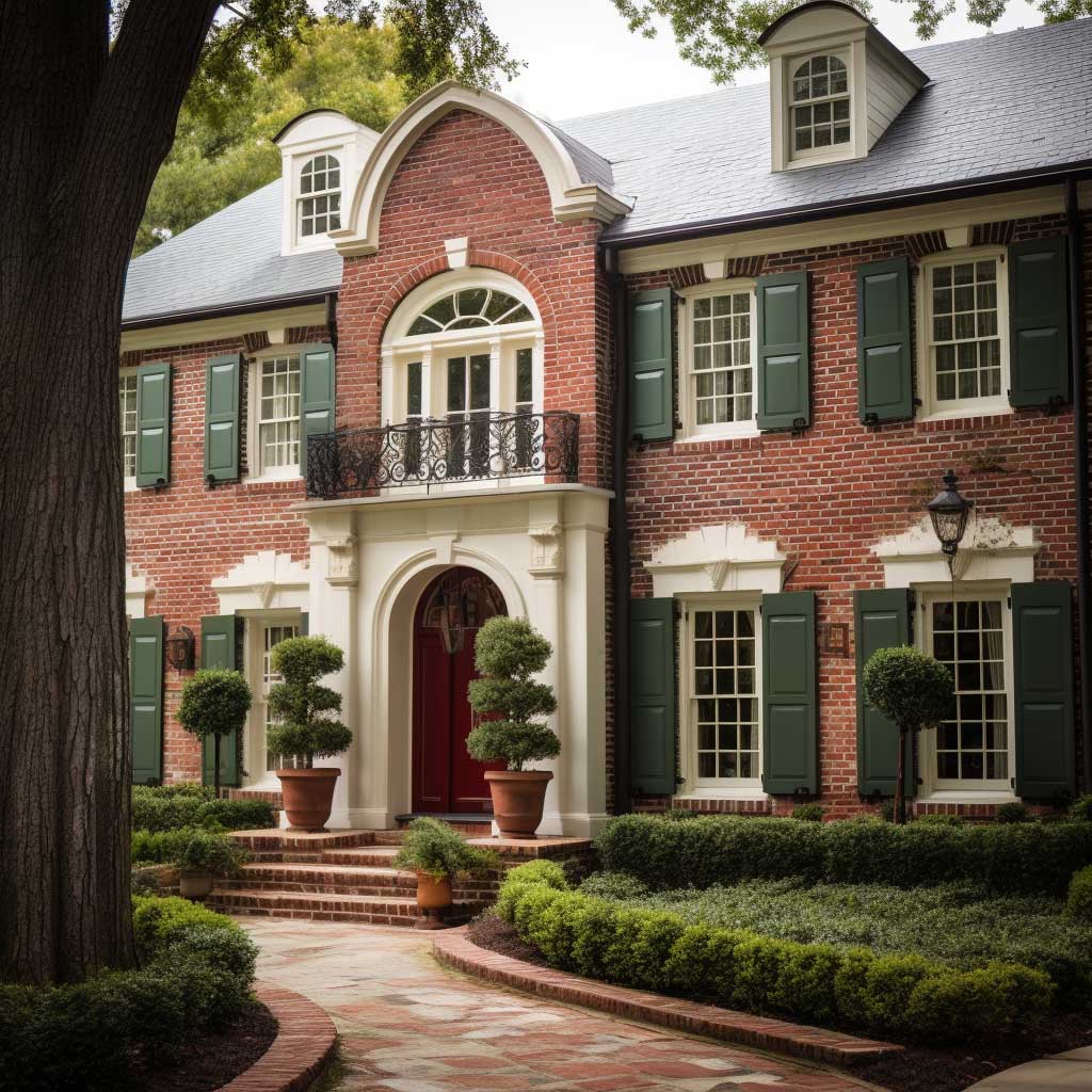 A classic exterior featuring a combination of red brick and cream wall paint with white trims and green shutters.
