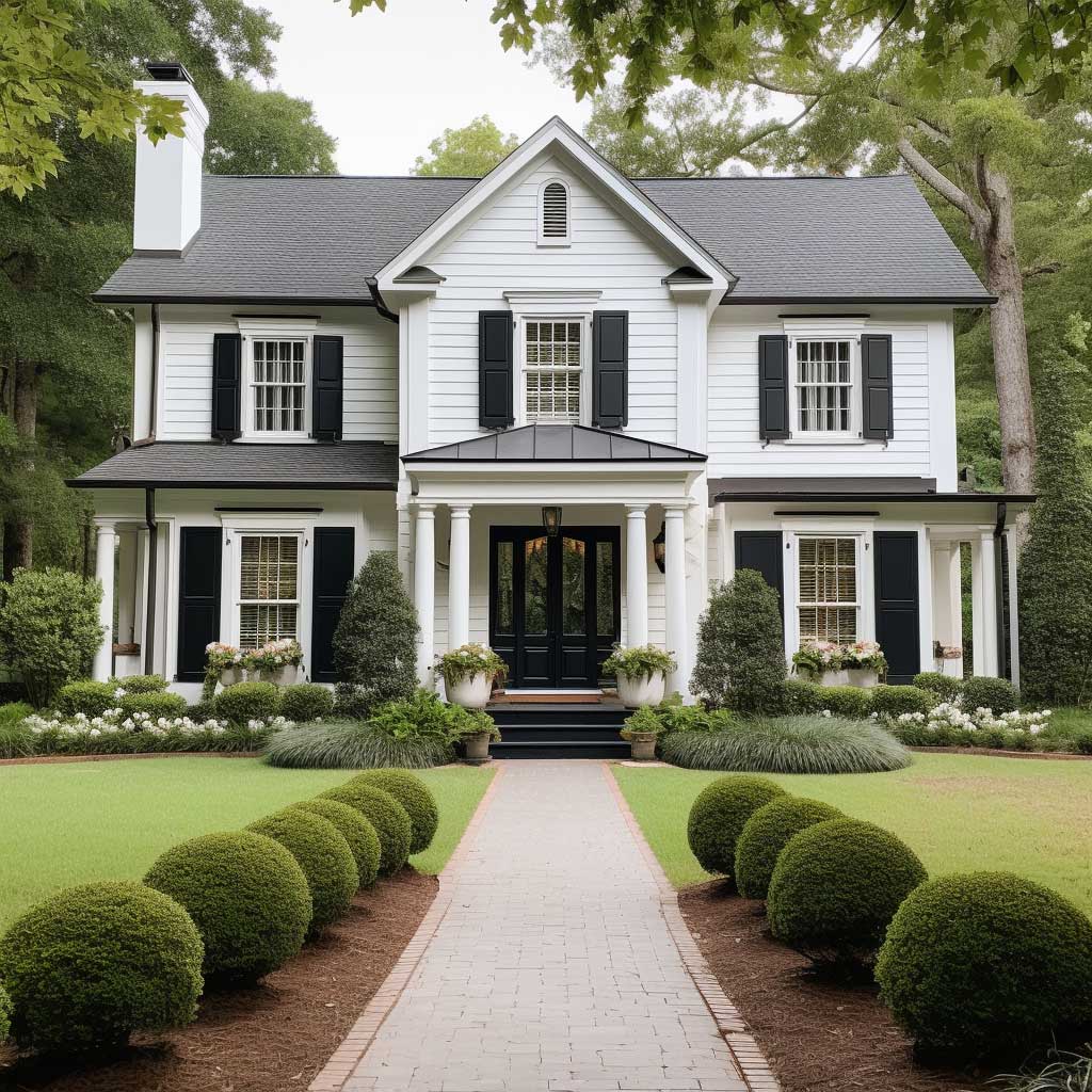 A classic exterior featuring a timeless combination of neutral wall paint colors, white trims, and dark shutters.