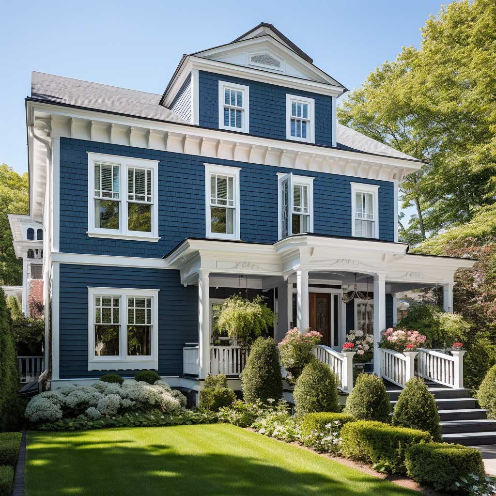 A classic exterior featuring an elegant combination of blue wall paint with white trims and details.