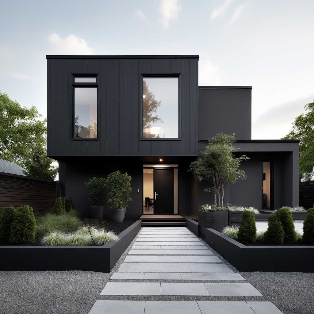 A modern, minimalist house painted in shades of black and white, representing a sophisticated example of monochrome exterior wall paint ideas.