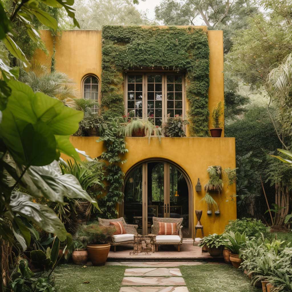 An elegant villa painted in earthy tones, surrounded by lush greenery, encapsulating nature-inspired exterior wall paint ideas.