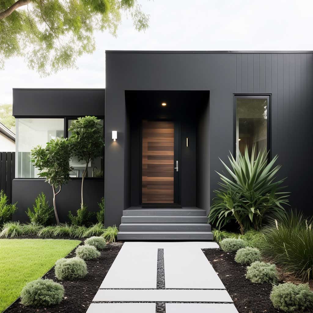 A modern, minimalist house painted in shades of black and white, representing a sophisticated example of monochrome exterior wall paint ideas.