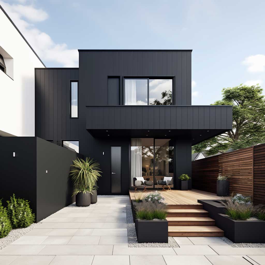 A modern, minimalist house painted in shades of black and white, representing a sophisticated example of monochrome exterior wall paint ideas.