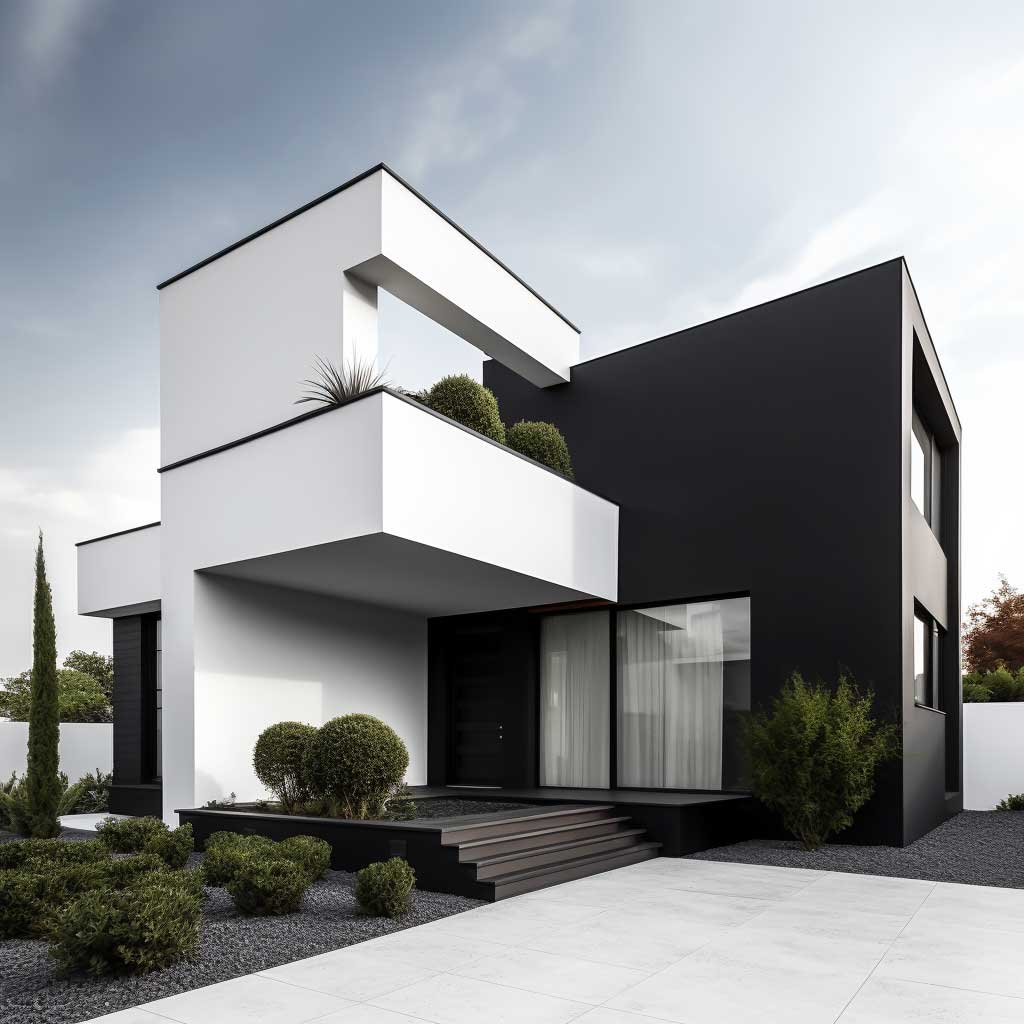 A modern, minimalist house painted in shades of black and white, representing a sophisticated example of monochrome exterior wall paint ideas.