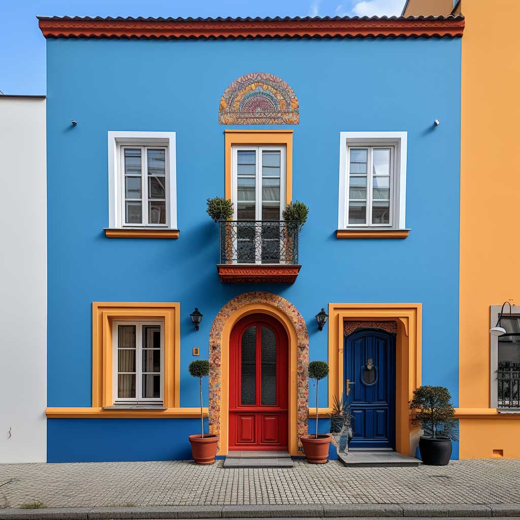 A vibrant townhouse facade painted in bold, contrasting hues, illustrating an artistic interpretation of exterior wall paint ideas.