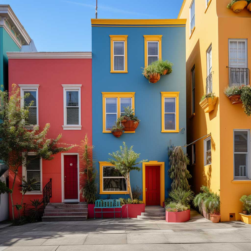 A vibrant townhouse facade painted in bold, contrasting hues, illustrating an artistic interpretation of exterior wall paint ideas.