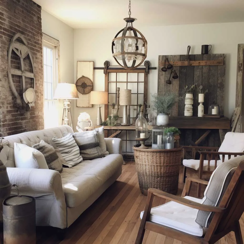 A snapshot of a farmhouse living room boasting an array of DIY decorations, adding a personal touch to the space.