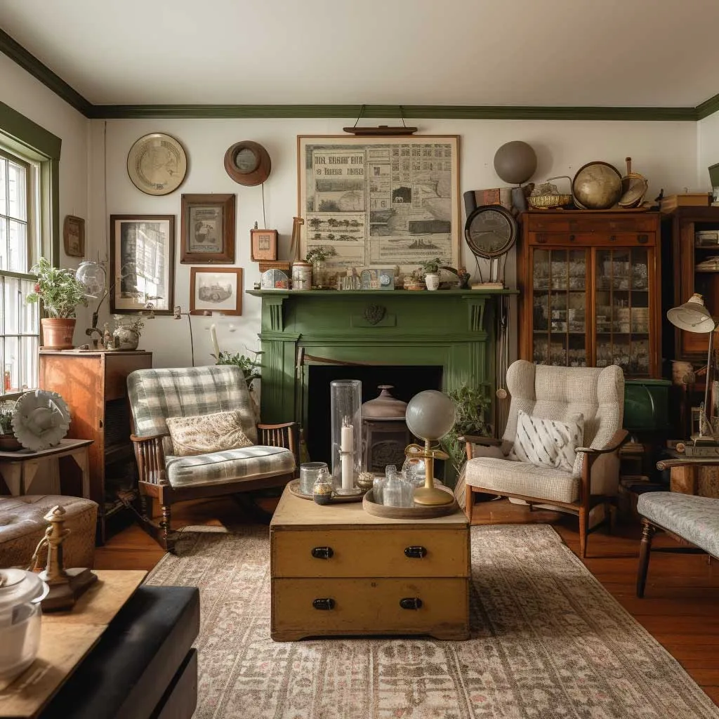 A photograph illustrating a farmhouse-style living room decorated with an array of vintage finds, creating a cozy and nostalgic atmosphere.