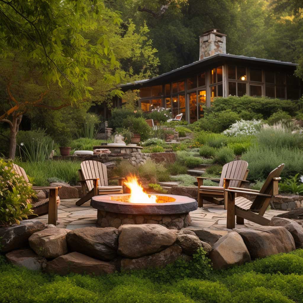 This rustic fire pit is nestled comfortably amidst greenery, surrounded by casual seating. It appears to be built from stacked stones, presenting a robust and organic character.