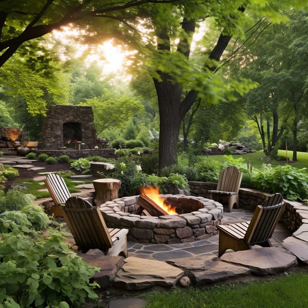 This rustic fire pit is nestled comfortably amidst greenery, surrounded by casual seating. It appears to be built from stacked stones, presenting a robust and organic character.