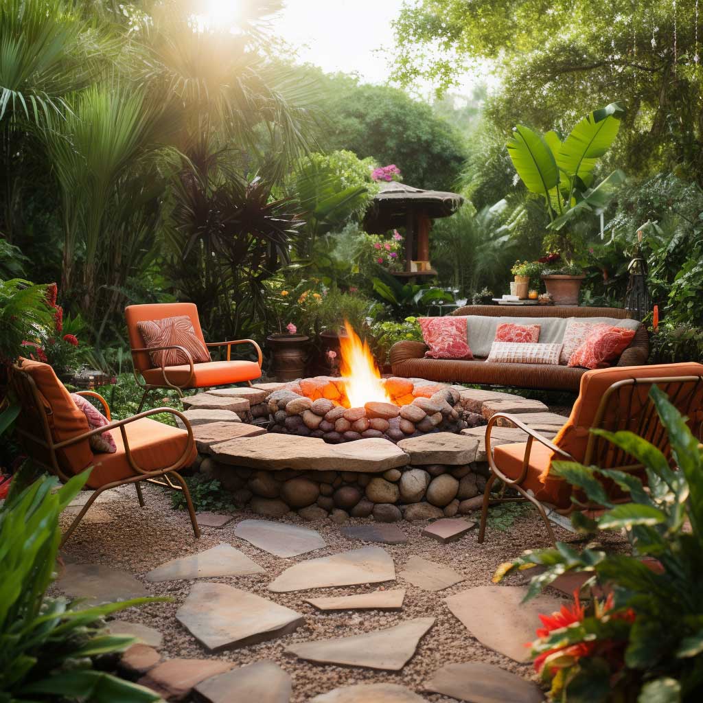 A DIY fire pit, built from bricks and stones, is situated in a lush garden. It is surrounded by an array of comfortable seating, encouraging intimate and engaging gatherings.