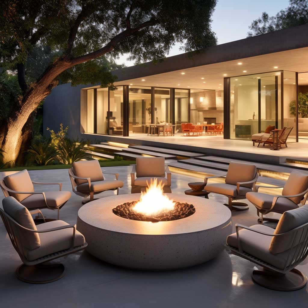 A minimalist, circular fire pit constructed from smooth concrete stands at the center of a modern outdoor space, surrounded by a sophisticated array of contemporary furniture.