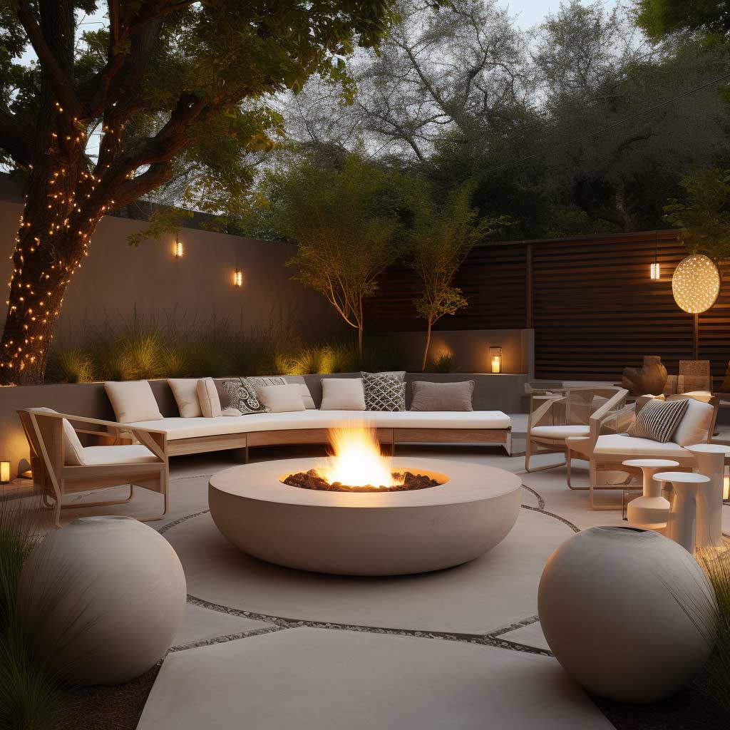 A minimalist, circular fire pit constructed from smooth concrete stands at the center of a modern outdoor space, surrounded by a sophisticated array of contemporary furniture.