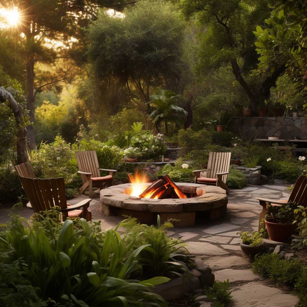 This rustic fire pit is nestled comfortably amidst greenery, surrounded by casual seating. It appears to be built from stacked stones, presenting a robust and organic character.
