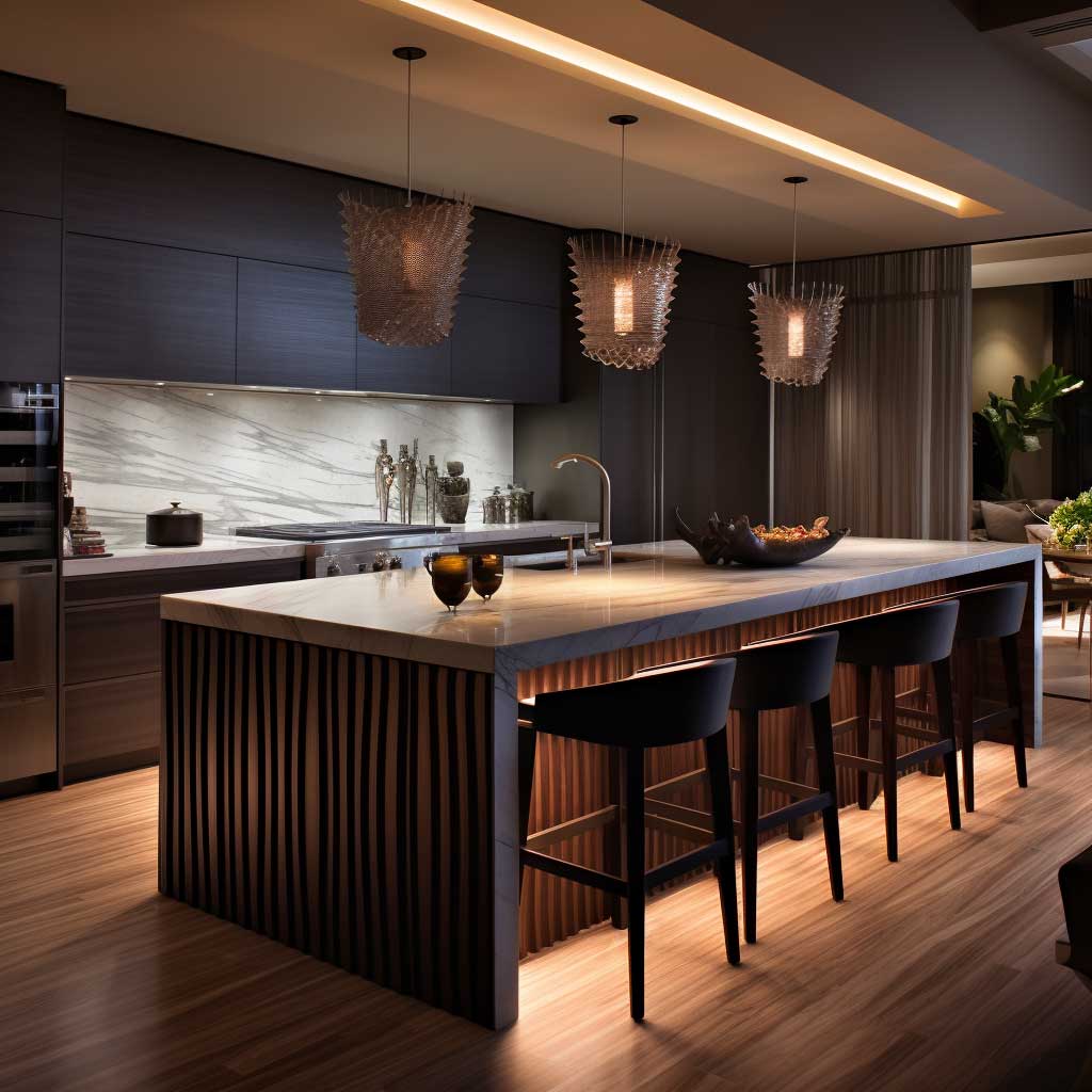 A contemporary kitchen enhanced by the textured beauty of fluted panel design.
