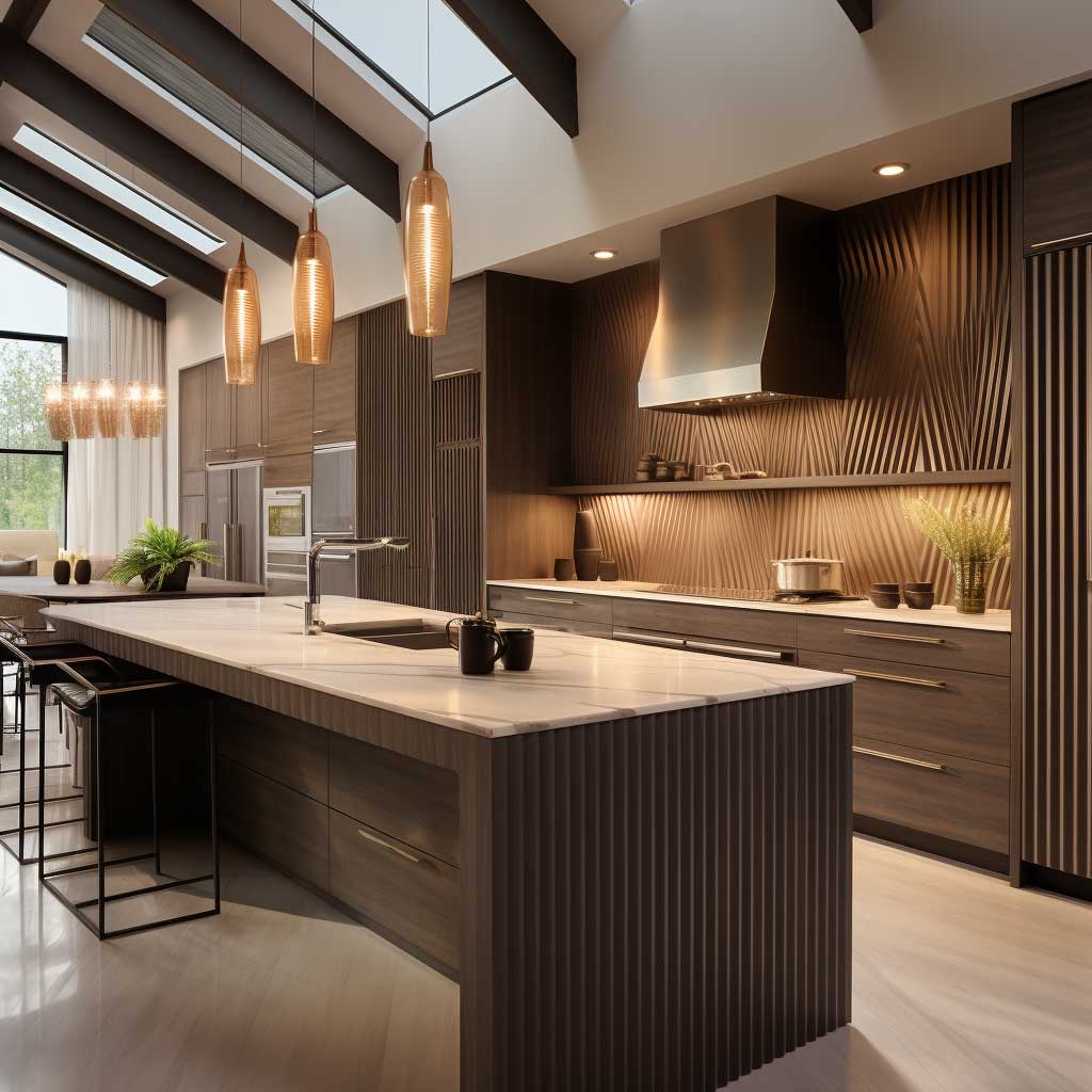 A contemporary kitchen enhanced by the textured beauty of fluted panel design.