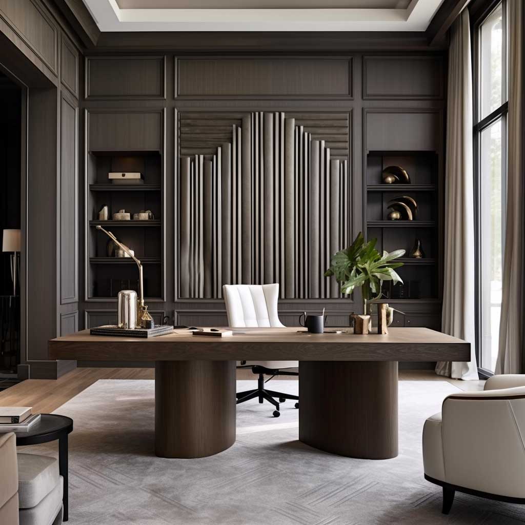 A home office exuding an aura of calm and focus, amplified by the texture of fluted panel design.