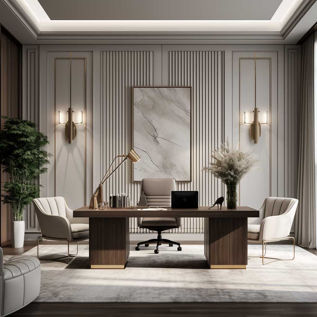 A home office exuding an aura of calm and focus, amplified by the texture of fluted panel design.