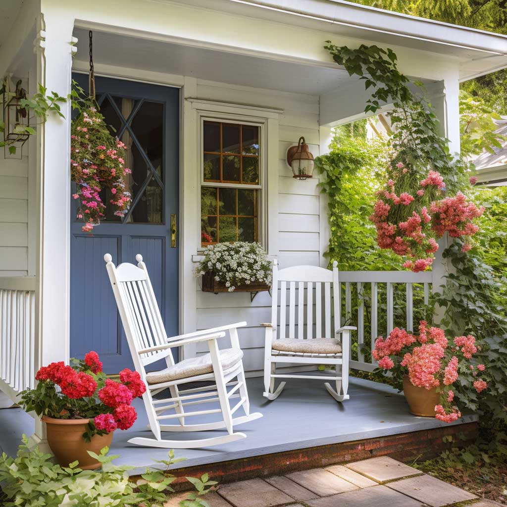 Image depicts a classic front door porch featuring a white door, hanging flower baskets, and a vintage rocking chair.