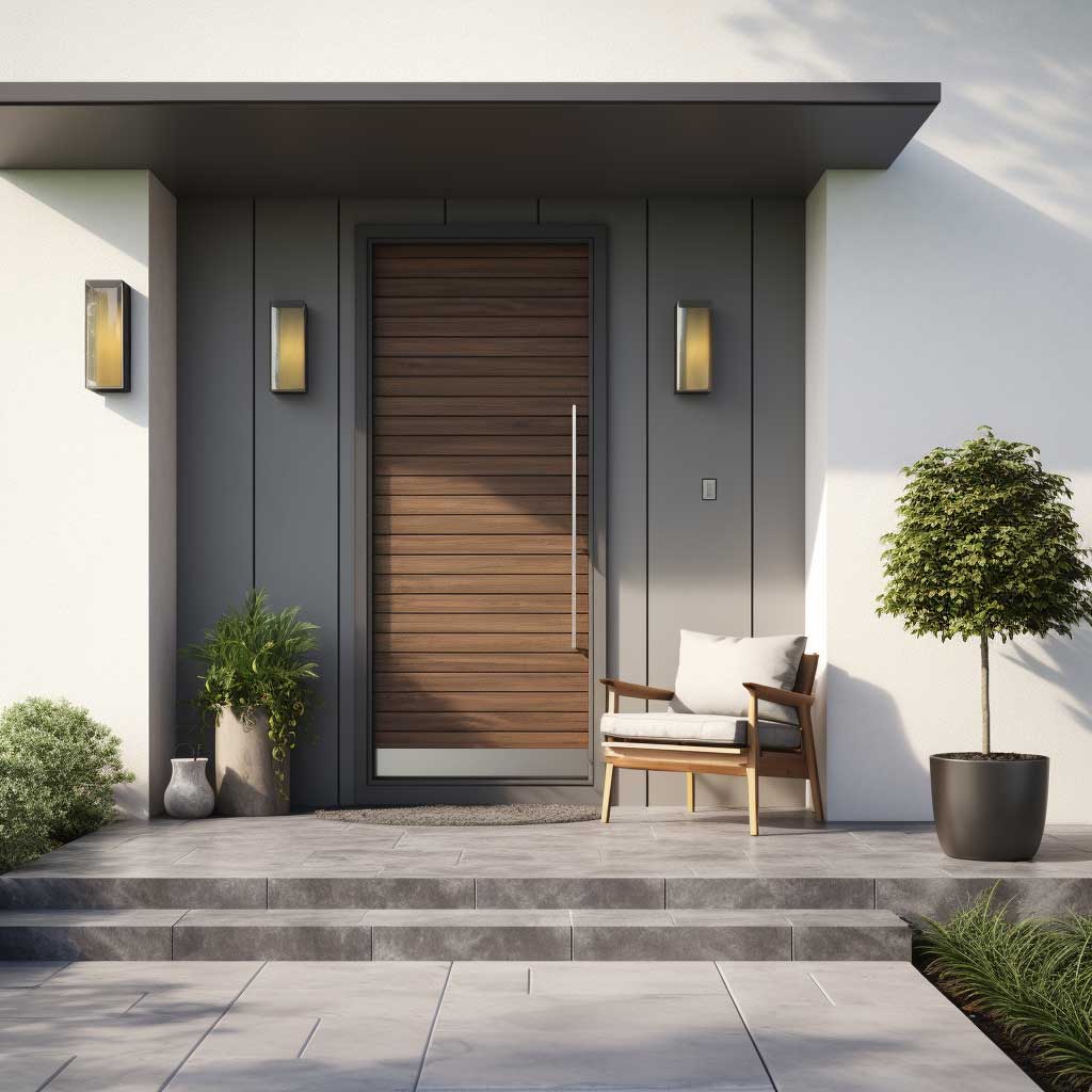 Image portrays a modern front door porch with sleek furniture, minimalistic decorations, and clean lines.