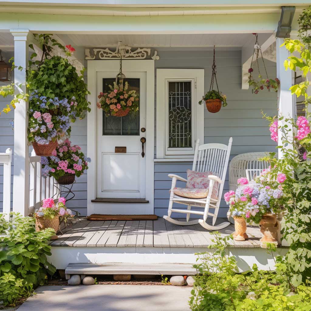 Image depicts a classic front door porch featuring a white door, hanging flower baskets, and a vintage rocking chair.