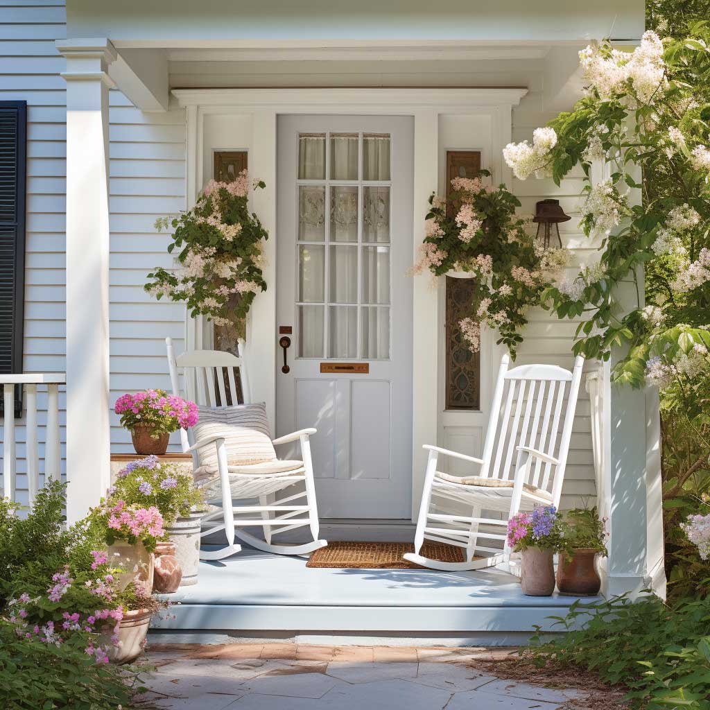 Image depicts a classic front door porch featuring a white door, hanging flower baskets, and a vintage rocking chair.