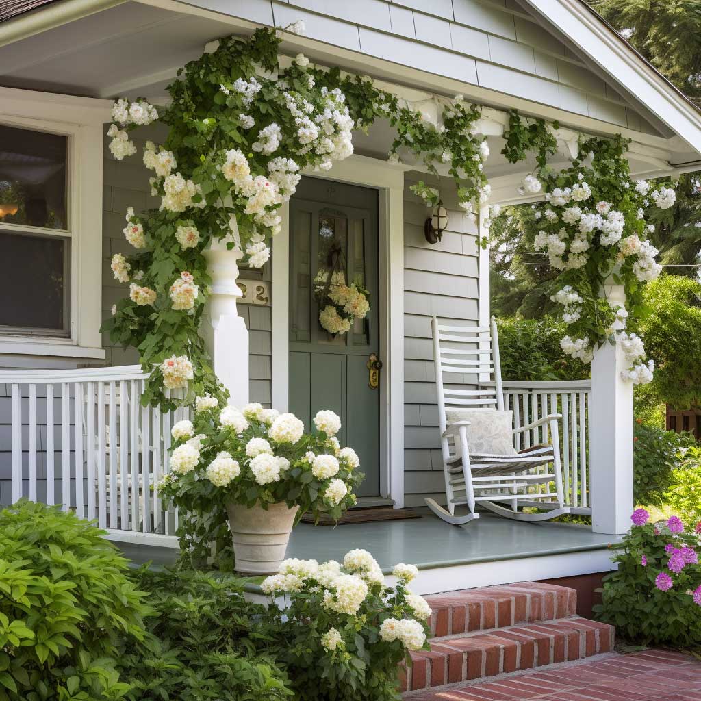 Image depicts a classic front door porch featuring a white door, hanging flower baskets, and a vintage rocking chair.