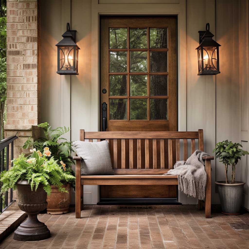Image displays a rustic front door porch featuring a wooden bench, potted plants, and an antique lantern.