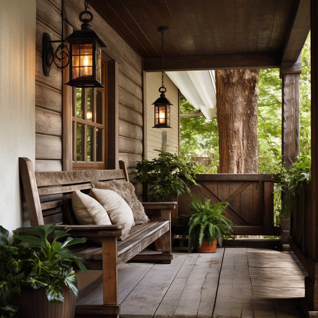 Image displays a rustic front door porch featuring a wooden bench, potted plants, and an antique lantern.