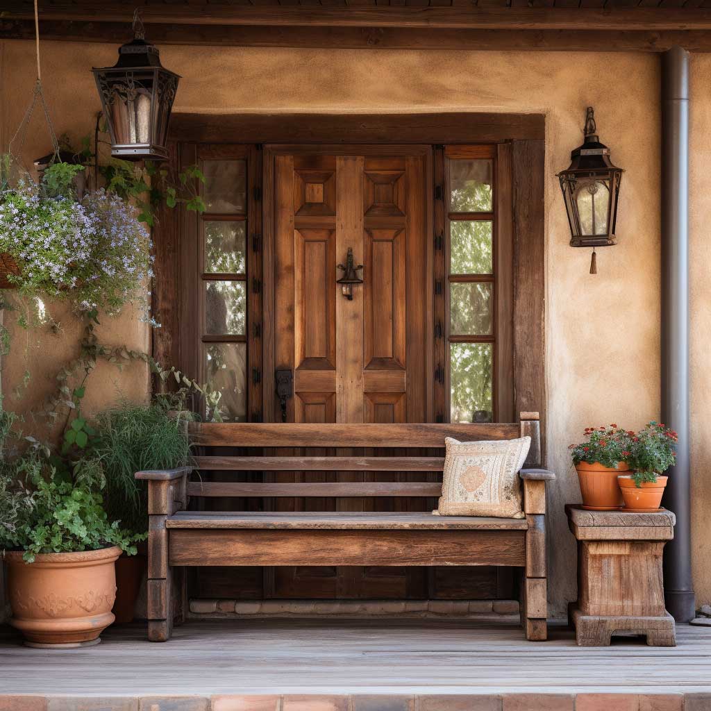 Image displays a rustic front door porch featuring a wooden bench, potted plants, and an antique lantern.