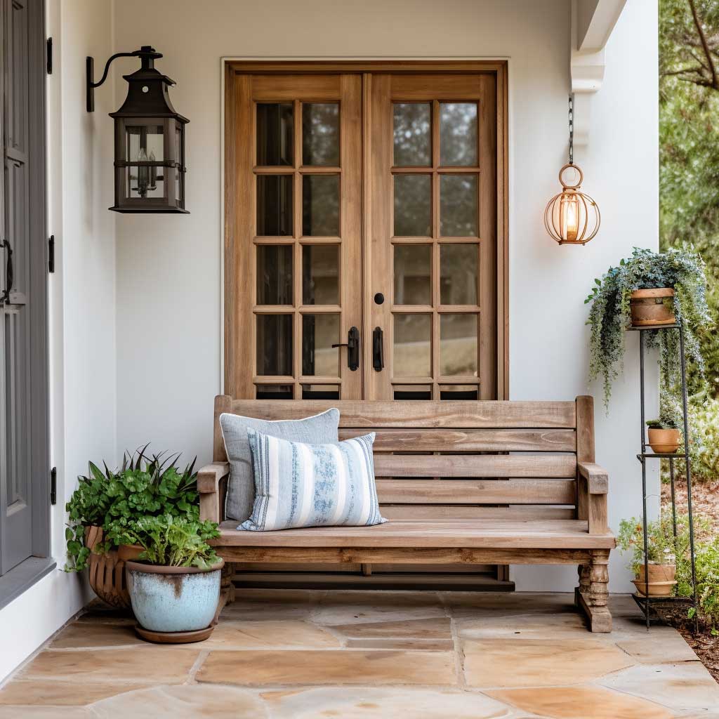 Image displays a rustic front door porch featuring a wooden bench, potted plants, and an antique lantern.