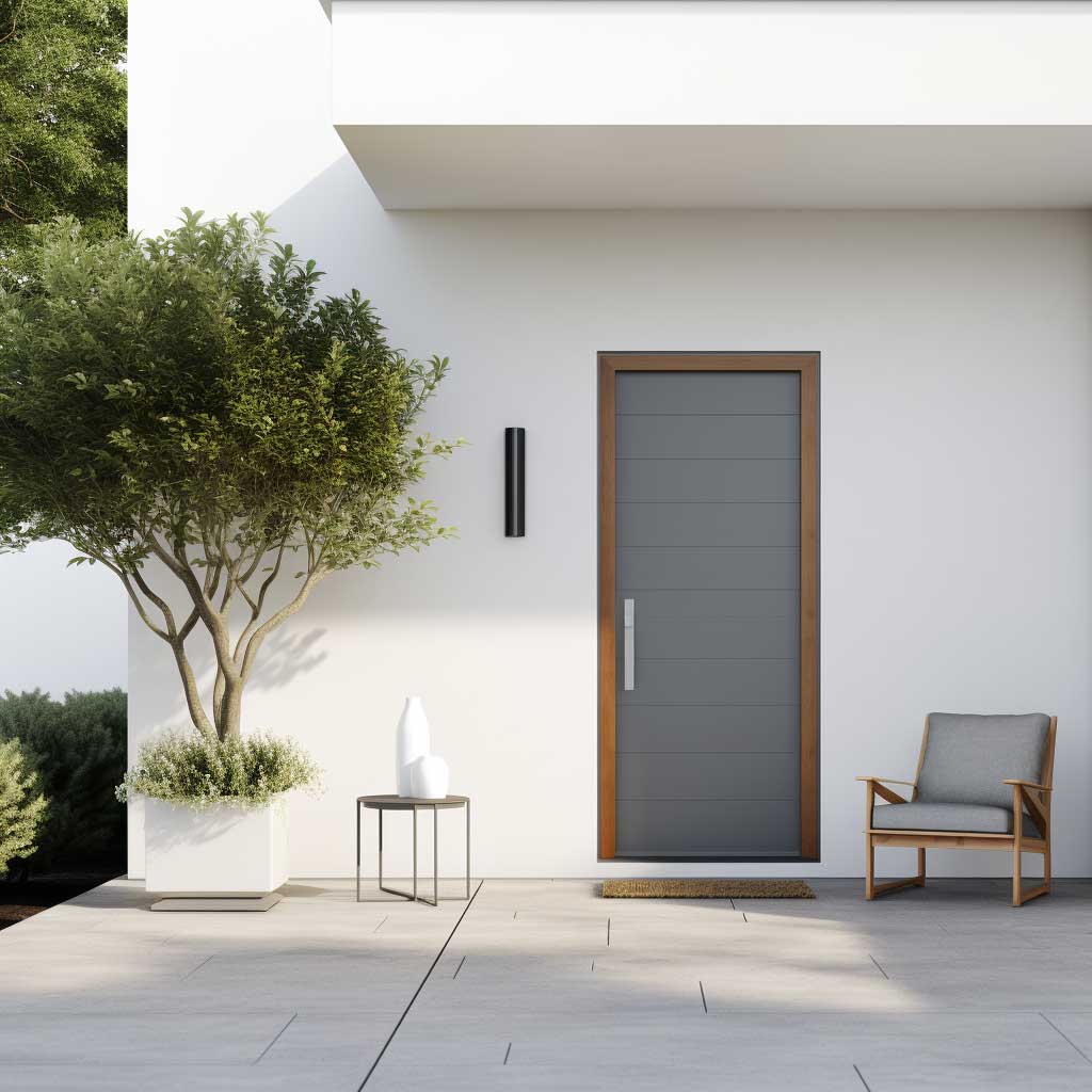 Image portrays a modern front door porch with sleek furniture, minimalistic decorations, and clean lines.